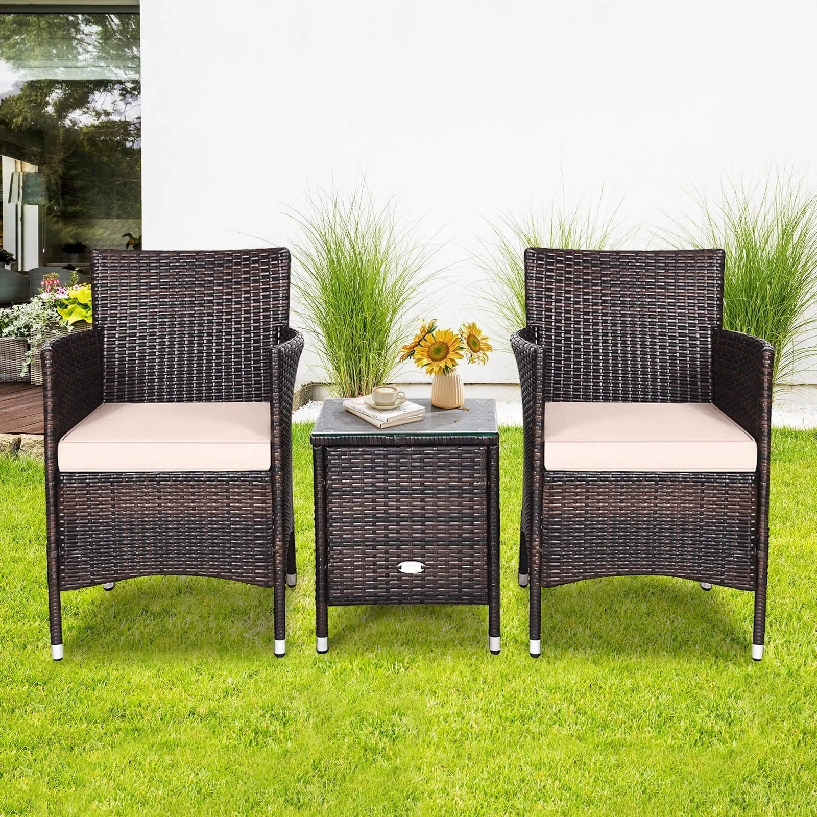 3pc Patio Wicker Rattan Outdoor Furniture Set - Beige