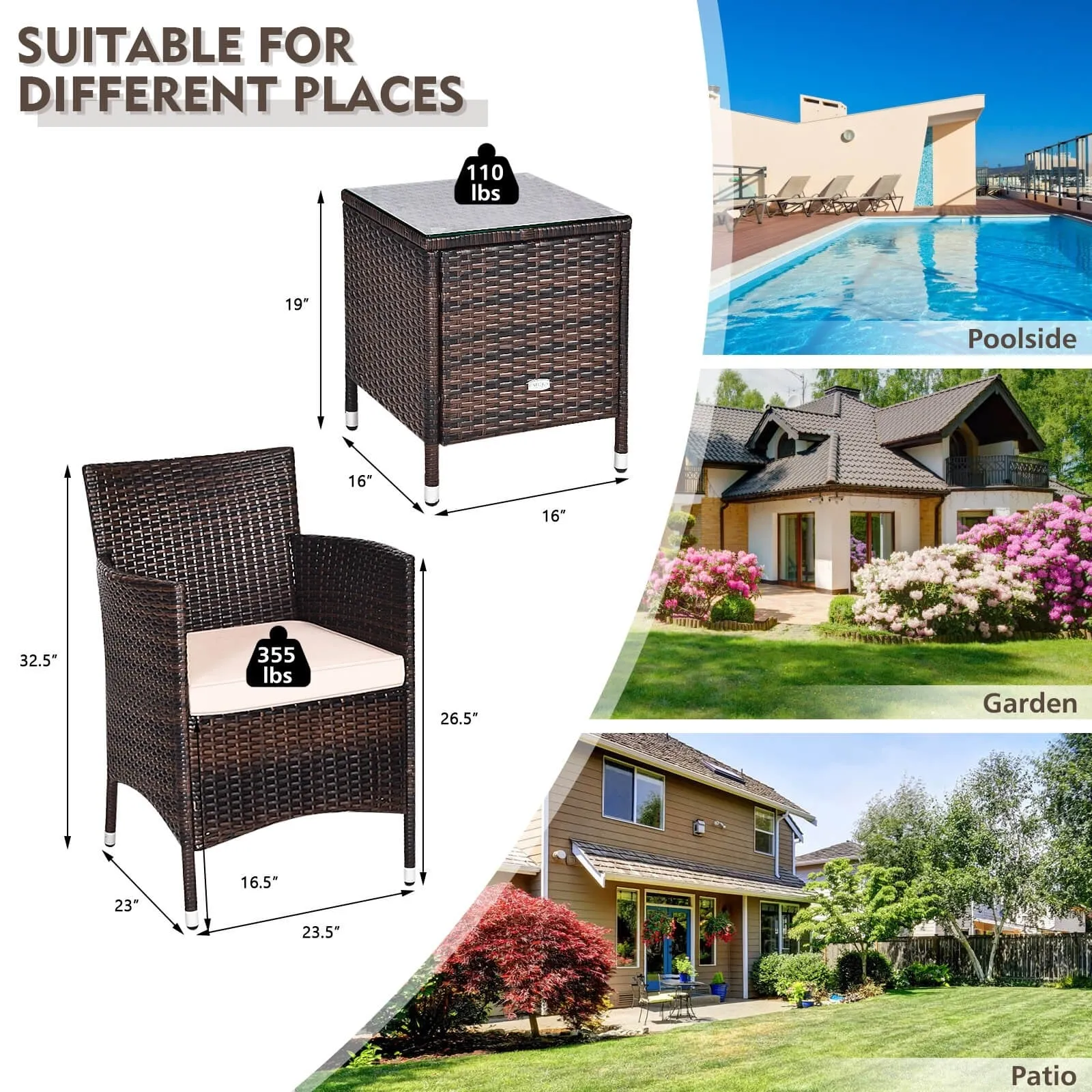 3pc Patio Wicker Rattan Outdoor Furniture Set - Beige