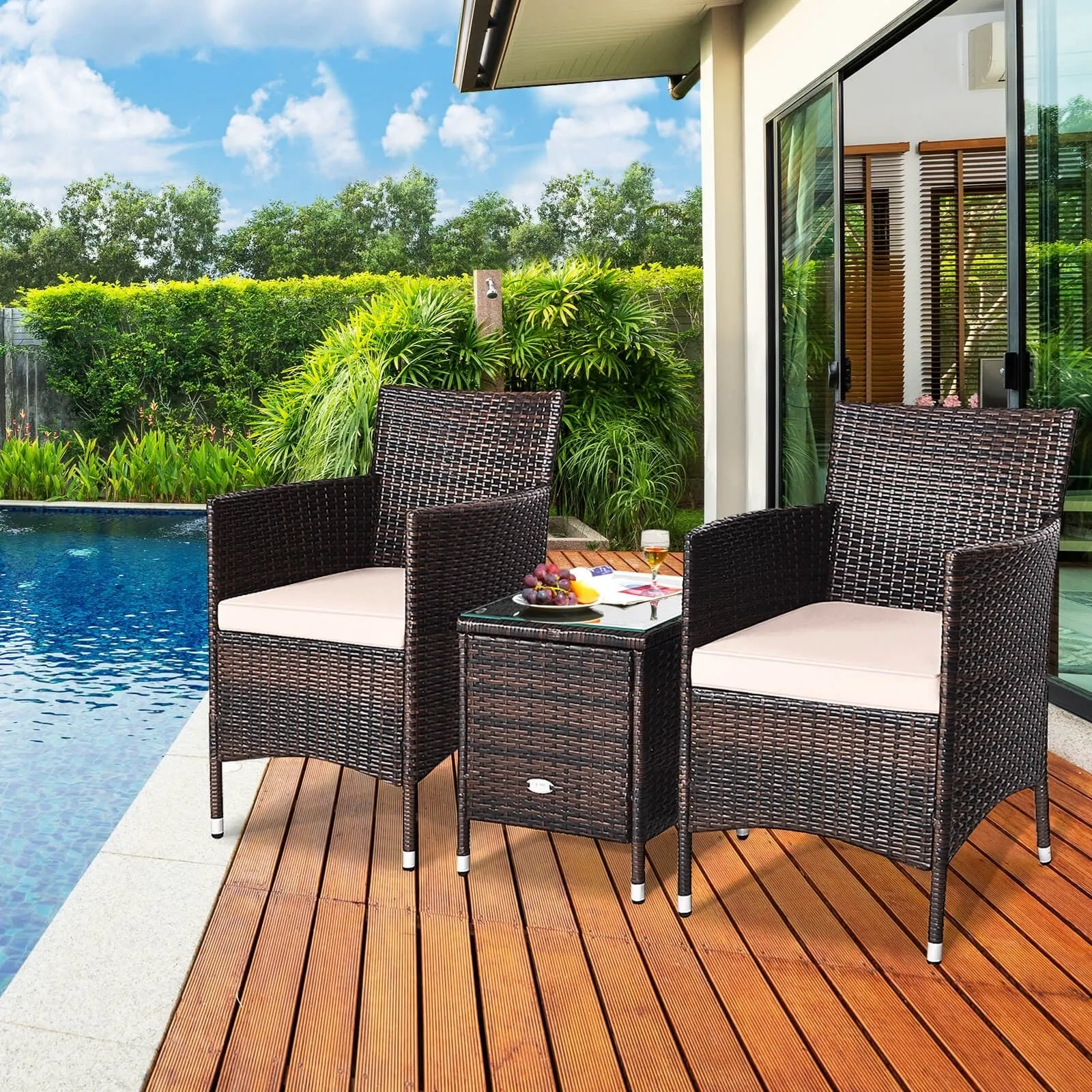 3pc Patio Wicker Rattan Outdoor Furniture Set - Beige