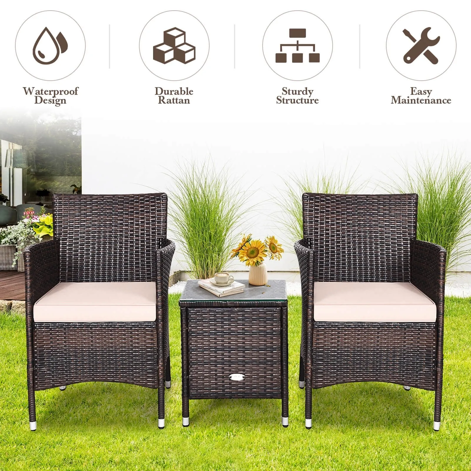 3pc Patio Wicker Rattan Outdoor Furniture Set - Beige