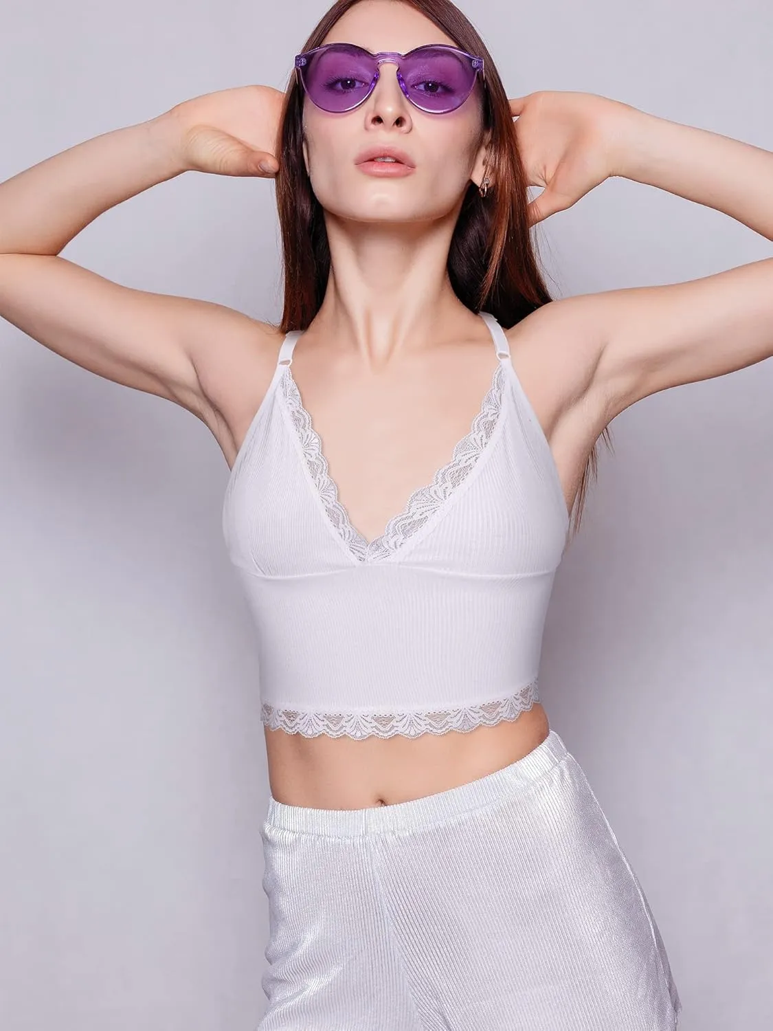 4 Pcs Women's Sleeveless Cami Crop Top Camisole Lace Trim V Neck Spaghetti Strap Tank Tops for Women Girl Ribbed Rave Clothes