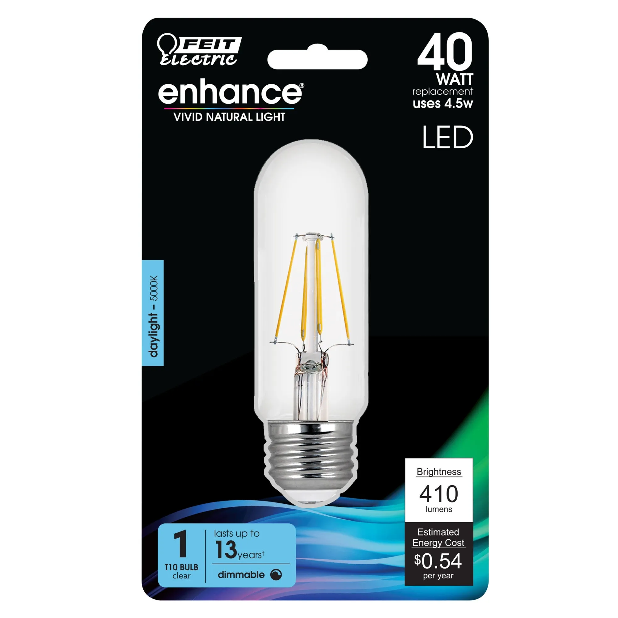 4.5W (40W Replacement) Daylight (5000K) E26 Base (T10 Replacement) Dimmable Enhance Glass Filament LED Replacement Light Bulb
