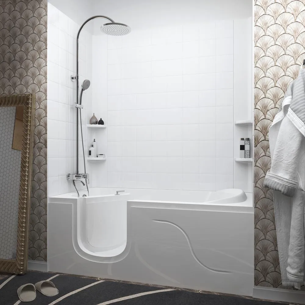 5 ft. Walk-in Non-Whirlpool Bathtub with 6 in. Tile Easy Up Adhesive Wall Surround in White