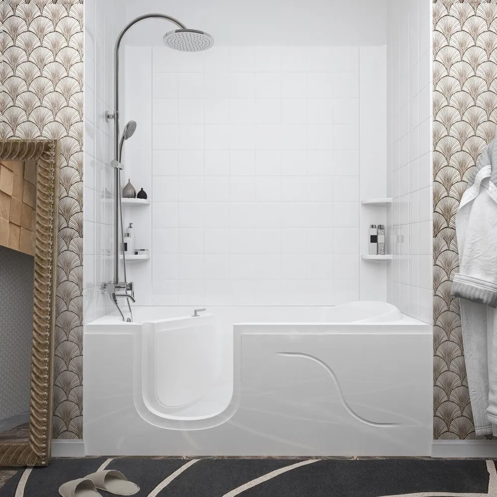 5 ft. Walk-in Non-Whirlpool Bathtub with 6 in. Tile Easy Up Adhesive Wall Surround in White