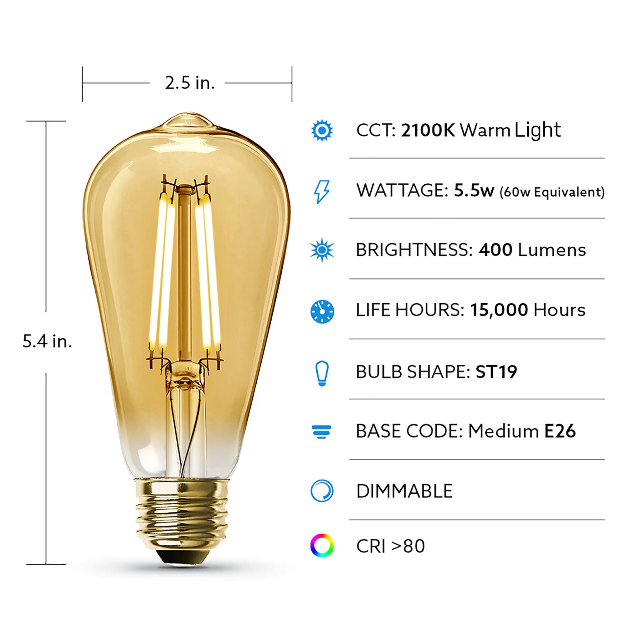 5.5W (60W Replacement) ST19 E26 Dimmable Straight Filament Amber Glass Vintage Edison LED Light Bulb, Warm Light (96-Pack)