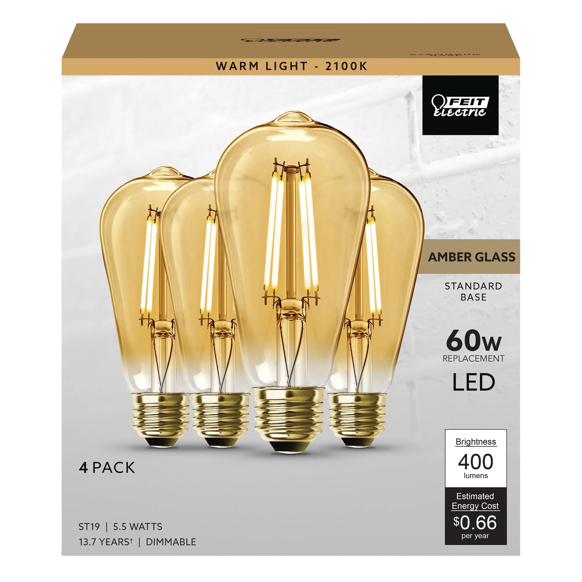 5.5W (60W Replacement) ST19 E26 Dimmable Straight Filament Amber Glass Vintage Edison LED Light Bulb, Warm Light (96-Pack)