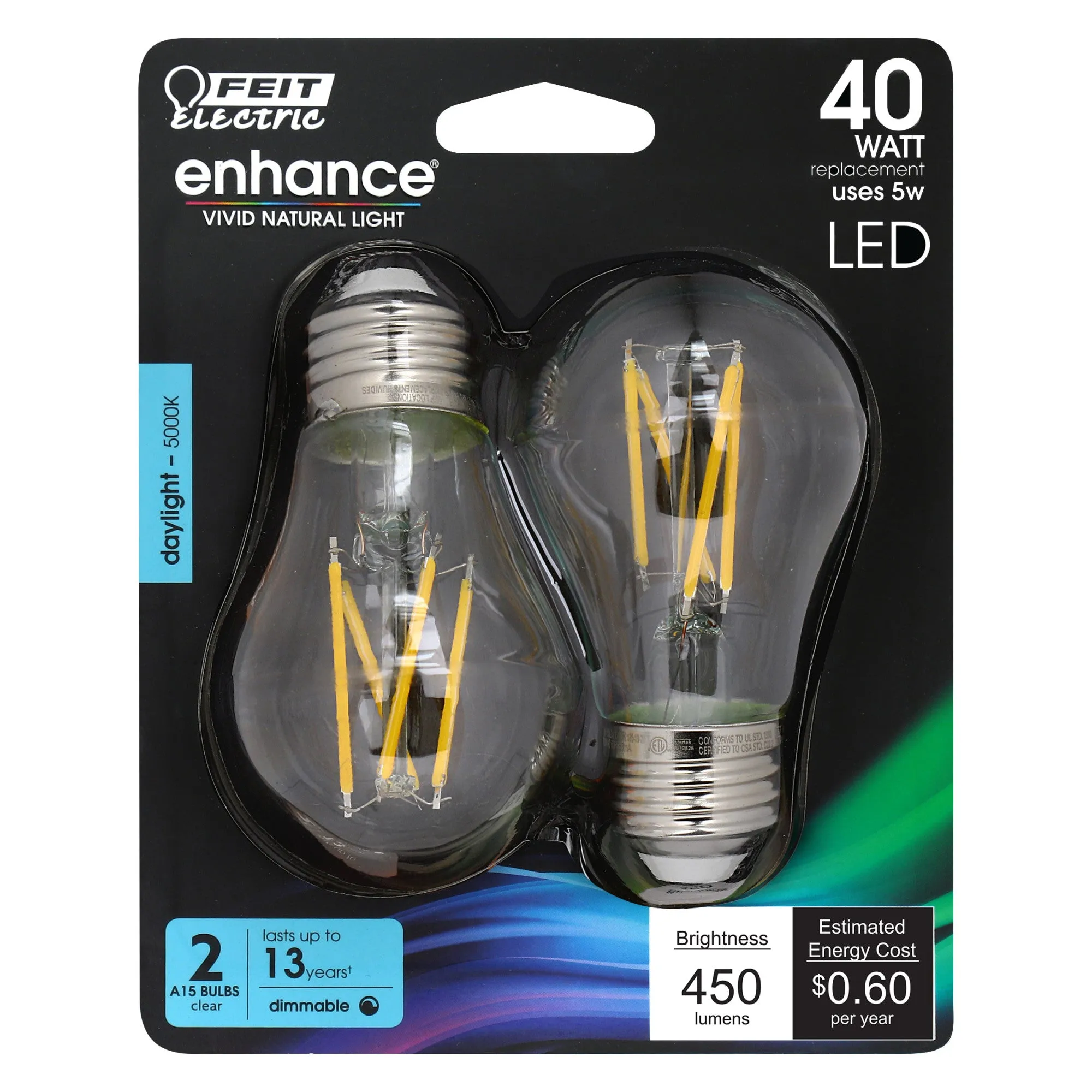 5W (40Watt Replacement) Daylight (5000K) A15 Dimmable Glass Filament Enhance (2-Pack)