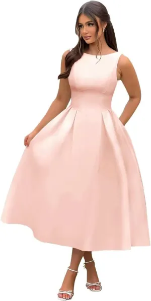A Line Tea Length Satin Formal Cocktail Dress, Midi Prom Dress Evening Party Gown Scoop Back