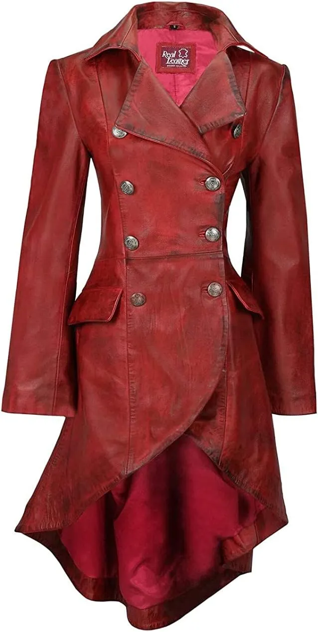 A&R Collection Womens Real Leather Goth Matrix Trench Coat Steampunk Gothic Real Leather Coat | Leather Jacket For Women