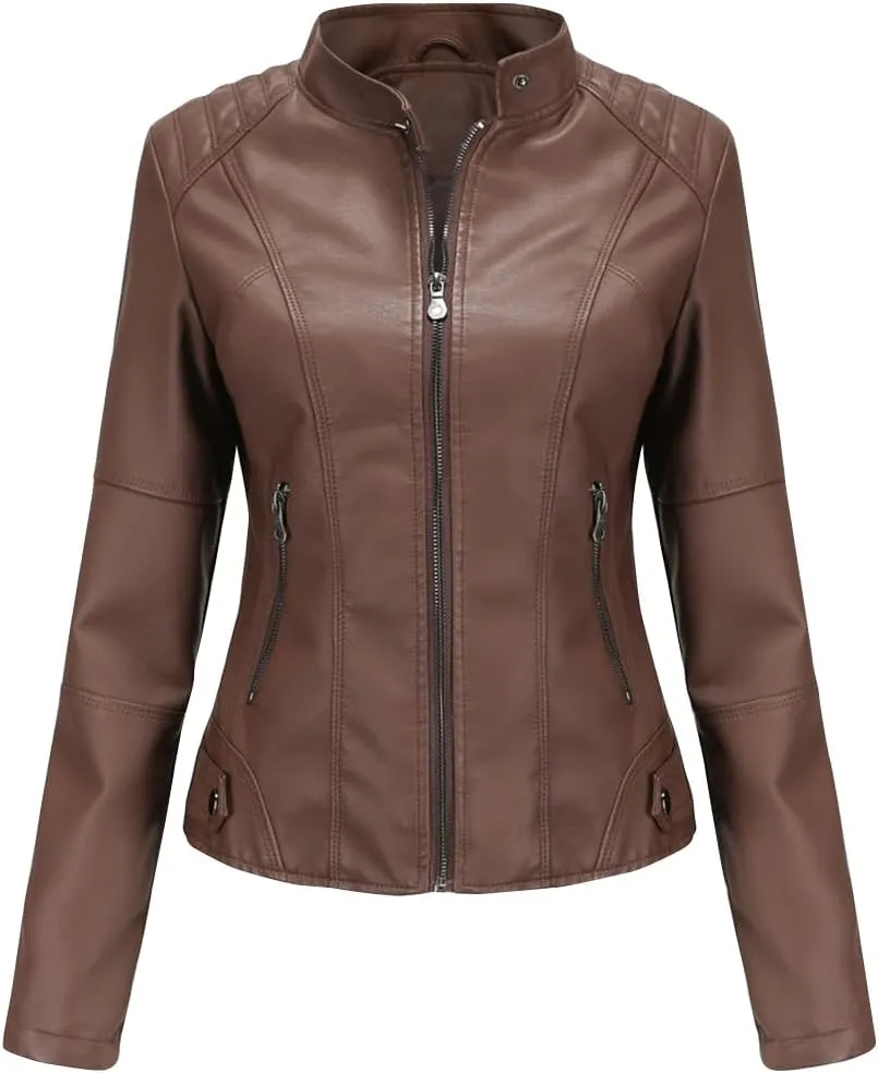 ACE SHOCK Womens Faux Leather Jackets Zip Up Motocycle Short PU Moto Biker Outwear Slim Fitted Coat