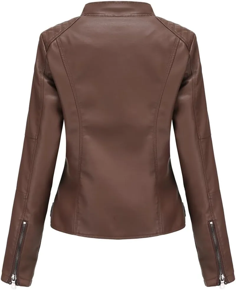 ACE SHOCK Womens Faux Leather Jackets Zip Up Motocycle Short PU Moto Biker Outwear Slim Fitted Coat