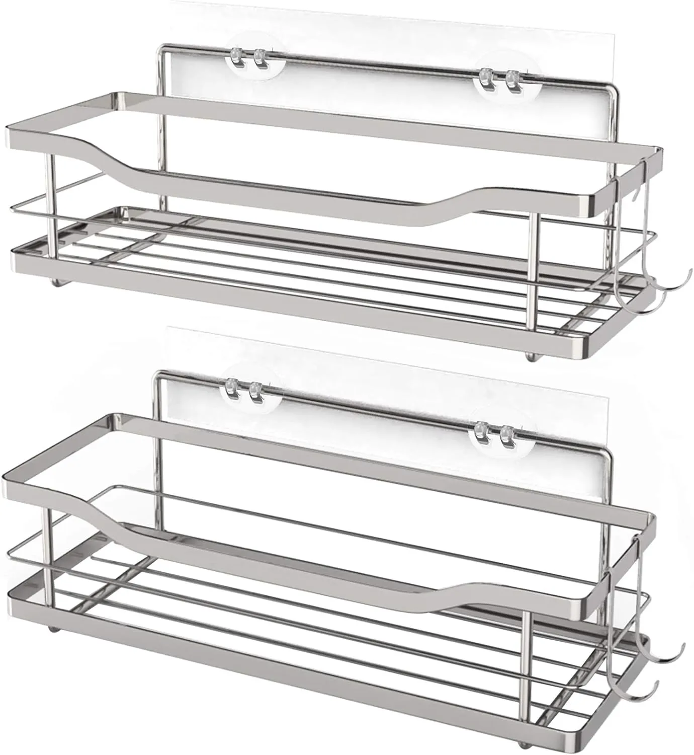 Adhesive Shower Wall Shelf, Shower Caddy Basket with 4 Hooks, Storage Rack Bathroom Shower Storage Organizer for Shampoo Conditioner Stainless Steel No Drilling, 2 Pack