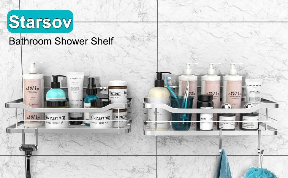 Adhesive Shower Wall Shelf, Shower Caddy Basket with 4 Hooks, Storage Rack Bathroom Shower Storage Organizer for Shampoo Conditioner Stainless Steel No Drilling, 2 Pack