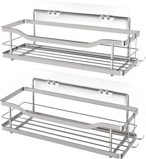 Adhesive Shower Wall Shelf, Shower Caddy Basket with 4 Hooks, Storage Rack Bathroom Shower Storage Organizer for Shampoo Conditioner Stainless Steel No Drilling, 2 Pack