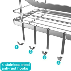 Adhesive Shower Wall Shelf, Shower Caddy Basket with 4 Hooks, Storage Rack Bathroom Shower Storage Organizer for Shampoo Conditioner Stainless Steel No Drilling, 2 Pack