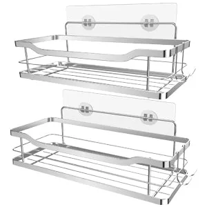 Adhesive Shower Wall Shelf, Shower Caddy Basket with 4 Hooks, Storage Rack Bathroom Shower Storage Organizer for Shampoo Conditioner Stainless Steel No Drilling, 2 Pack