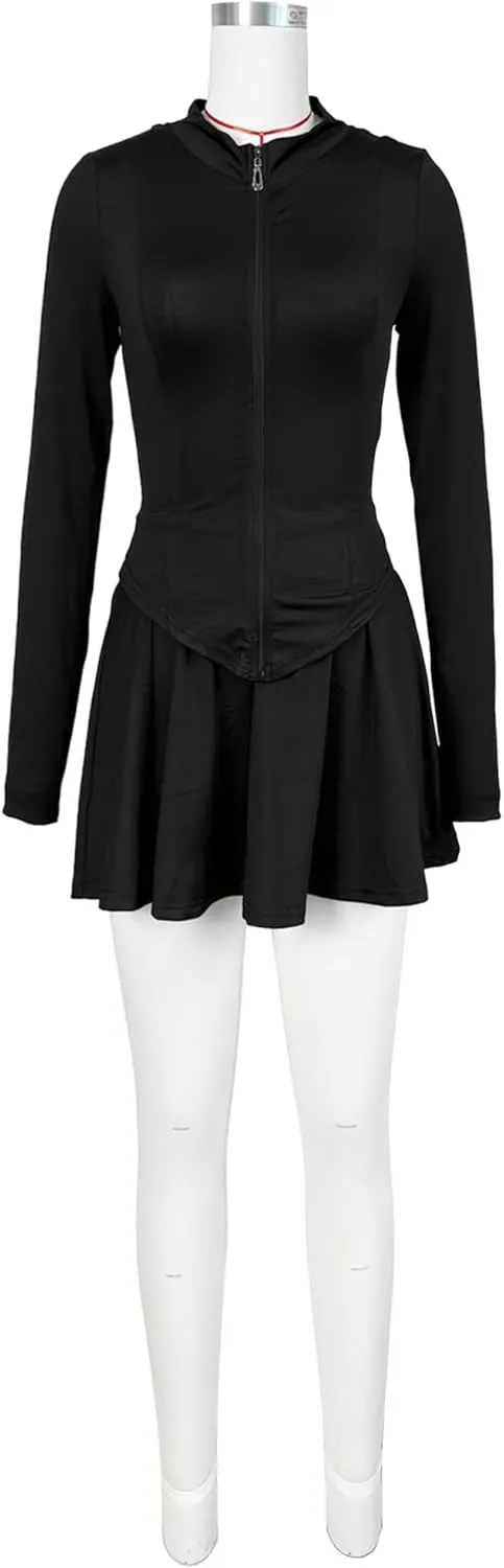 Adogirl Womens Sexy Flared Tennis Skirt Sets Slim Zip Up Jacket 2 Piece Outfits Athletic Matching Mini Dress with Shorts