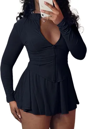 Adogirl Womens Sexy Flared Tennis Skirt Sets Slim Zip Up Jacket 2 Piece Outfits Athletic Matching Mini Dress with Shorts