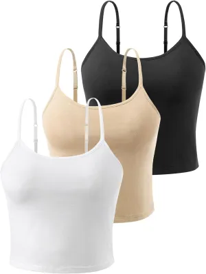 Air Curvey 3-Pack Womens Short Camisole Built in Bra Cotton Crop Tops Adjustable Spaghetti Strap Tank Tops