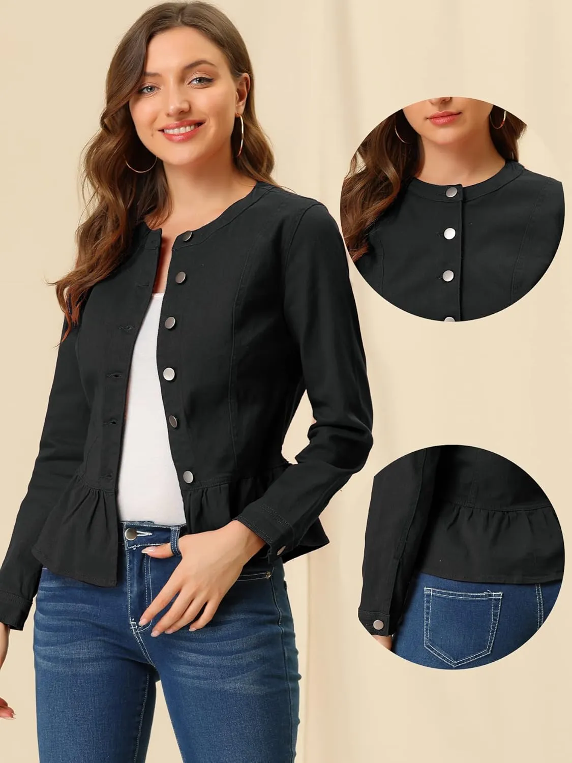 Allegra K Peplum Jackets for Women's Collarless Round Neck Button Down Cropped Ruffle Hem Coat