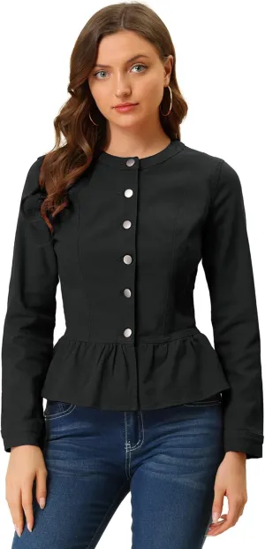 Allegra K Peplum Jackets for Women's Collarless Round Neck Button Down Cropped Ruffle Hem Coat