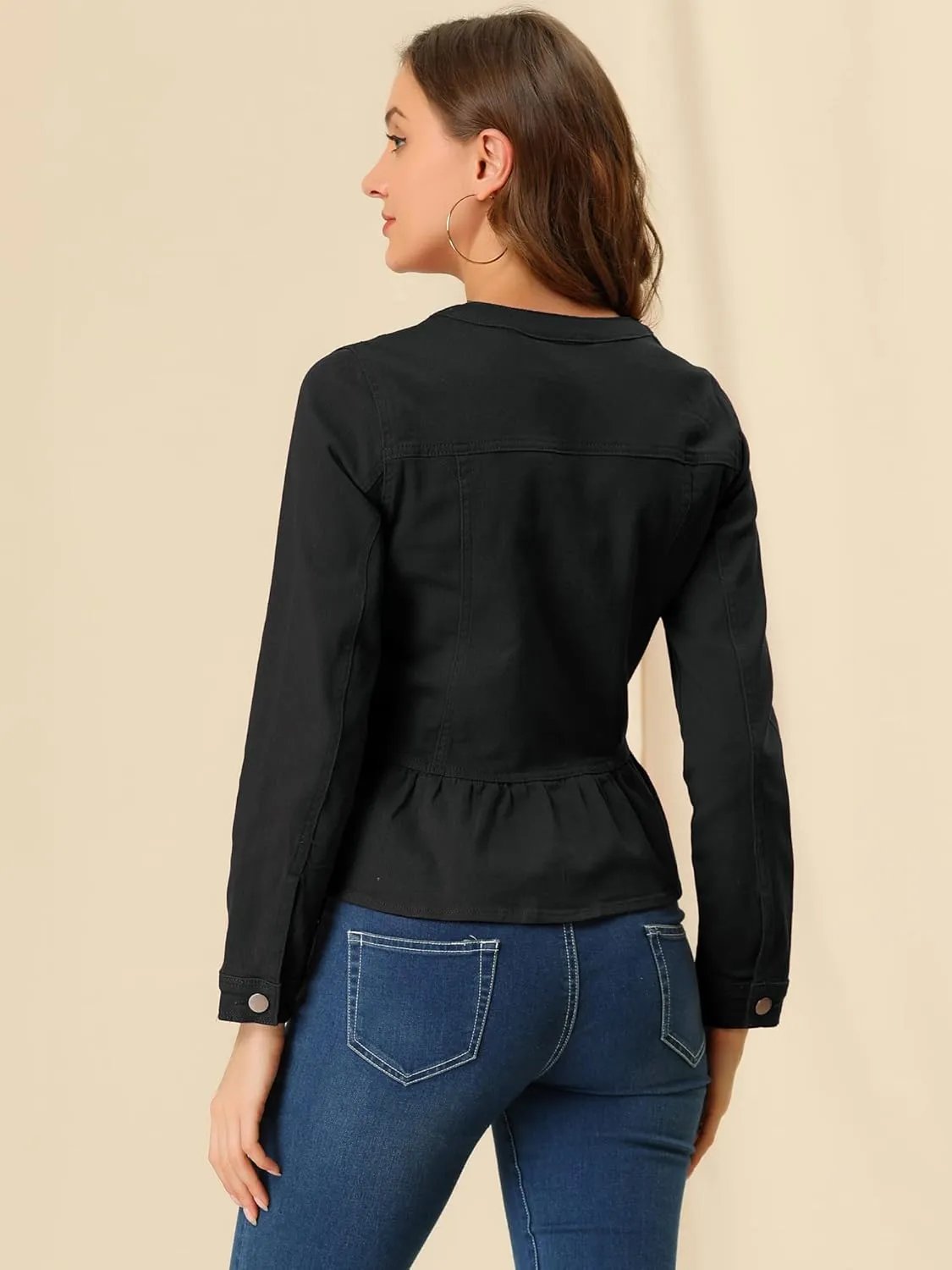 Allegra K Peplum Jackets for Women's Collarless Round Neck Button Down Cropped Ruffle Hem Coat