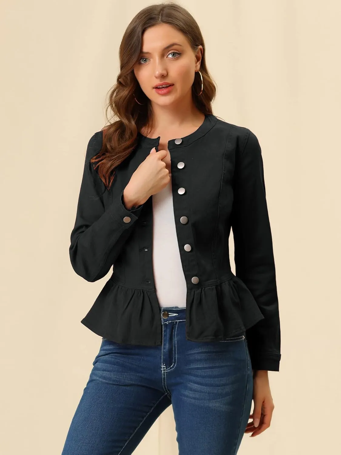Allegra K Peplum Jackets for Women's Collarless Round Neck Button Down Cropped Ruffle Hem Coat