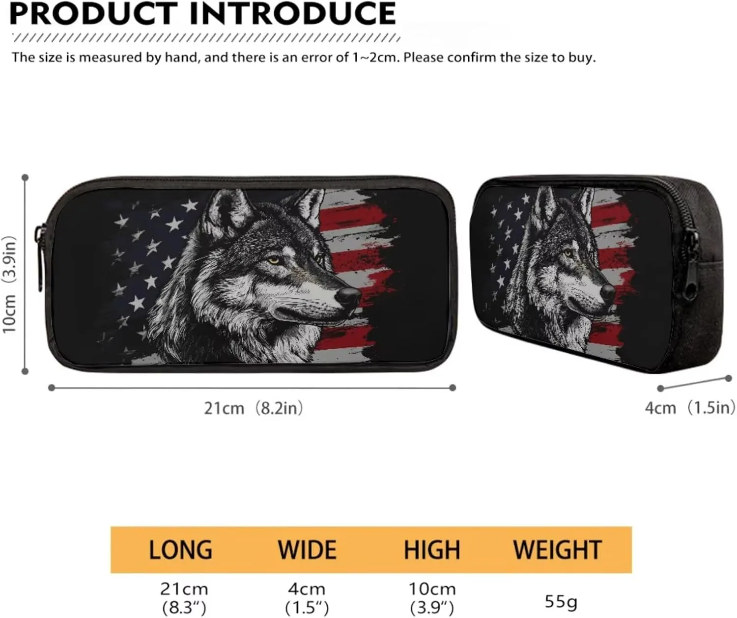 American Flag Wolf Pattern 17" Multi-Function Backpack Set Includes Lunch Bag, Pen Case, and Water Bottle Holder Kids Students Large Capacity Bags for School