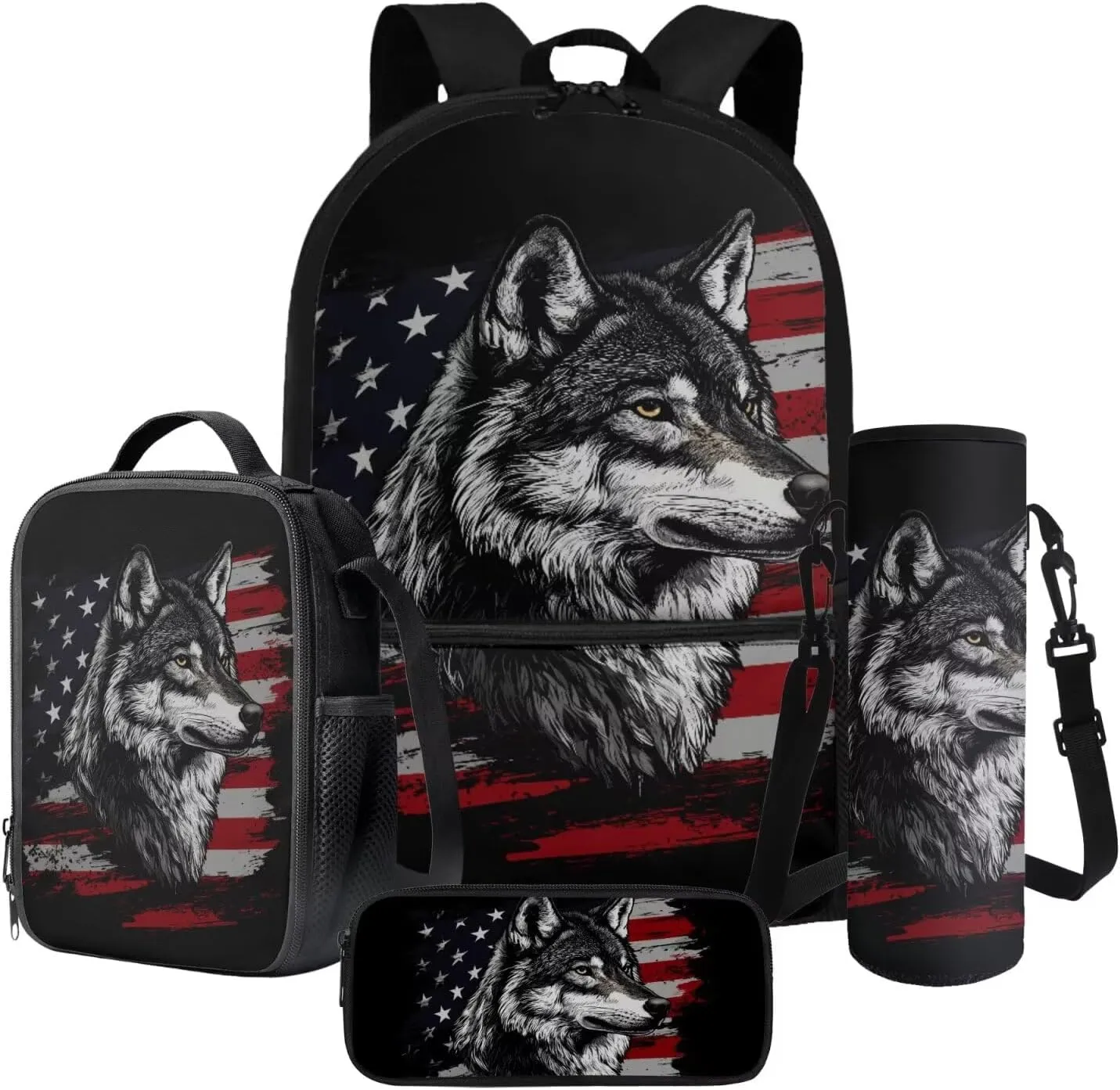 American Flag Wolf Pattern 17" Multi-Function Backpack Set Includes Lunch Bag, Pen Case, and Water Bottle Holder Kids Students Large Capacity Bags for School
