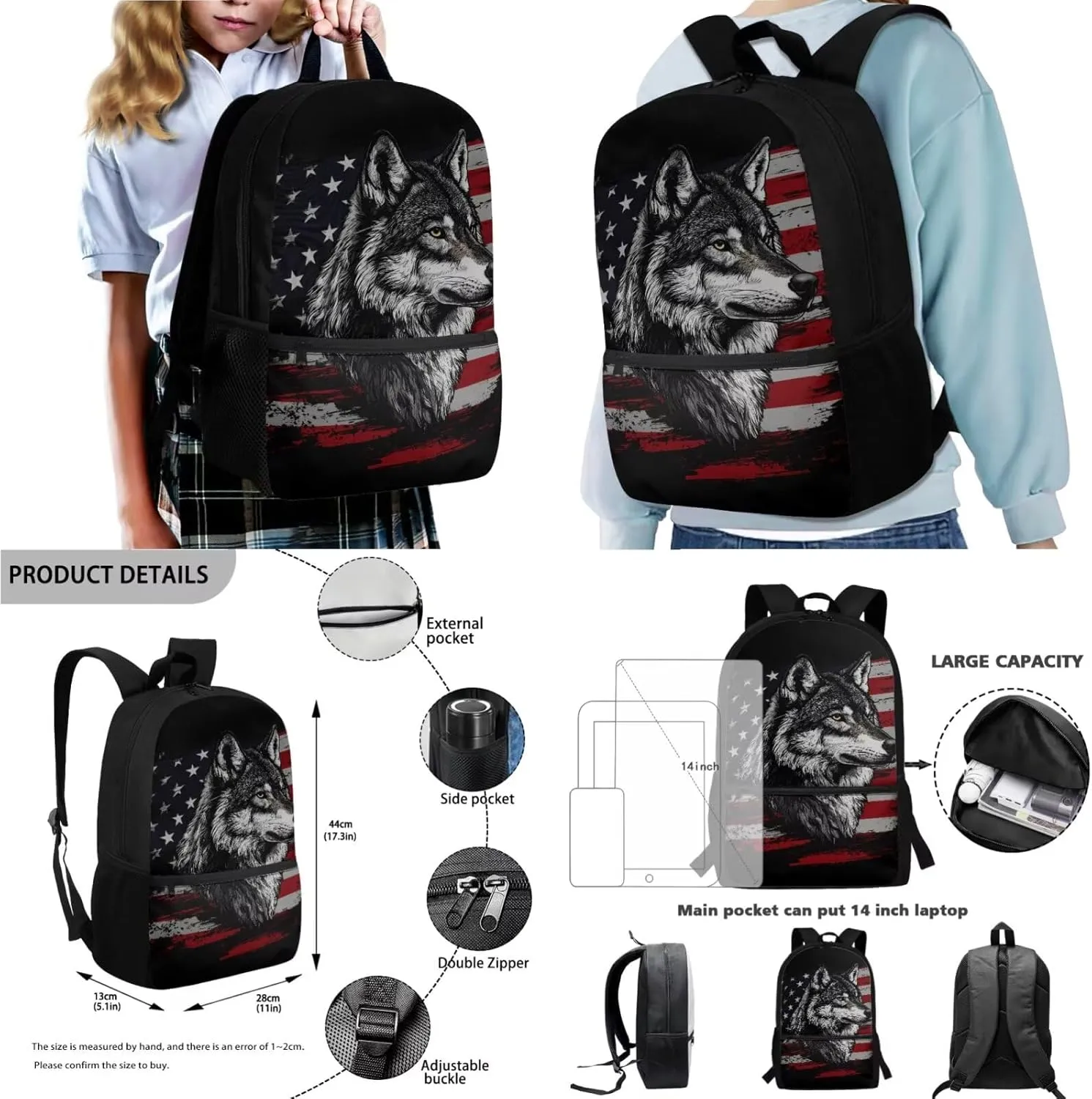 American Flag Wolf Pattern 17" Multi-Function Backpack Set Includes Lunch Bag, Pen Case, and Water Bottle Holder Kids Students Large Capacity Bags for School