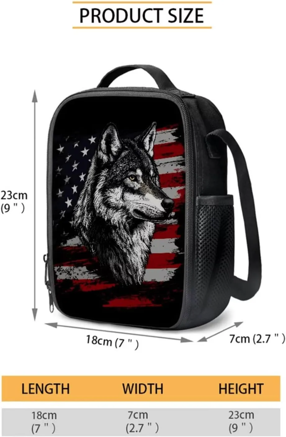 American Flag Wolf Pattern 17" Multi-Function Backpack Set Includes Lunch Bag, Pen Case, and Water Bottle Holder Kids Students Large Capacity Bags for School