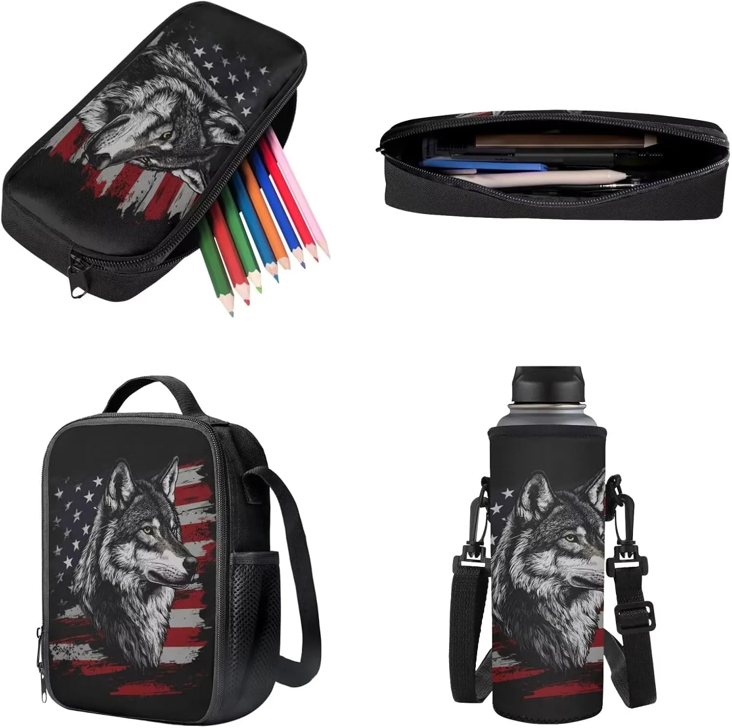 American Flag Wolf Pattern 17" Multi-Function Backpack Set Includes Lunch Bag, Pen Case, and Water Bottle Holder Kids Students Large Capacity Bags for School