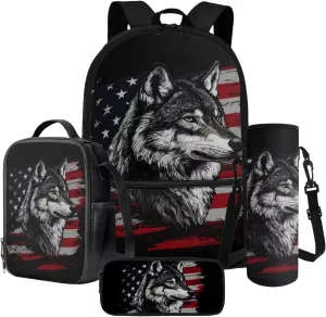 American Flag Wolf Pattern 17" Multi-Function Backpack Set Includes Lunch Bag, Pen Case, and Water Bottle Holder Kids Students Large Capacity Bags for School