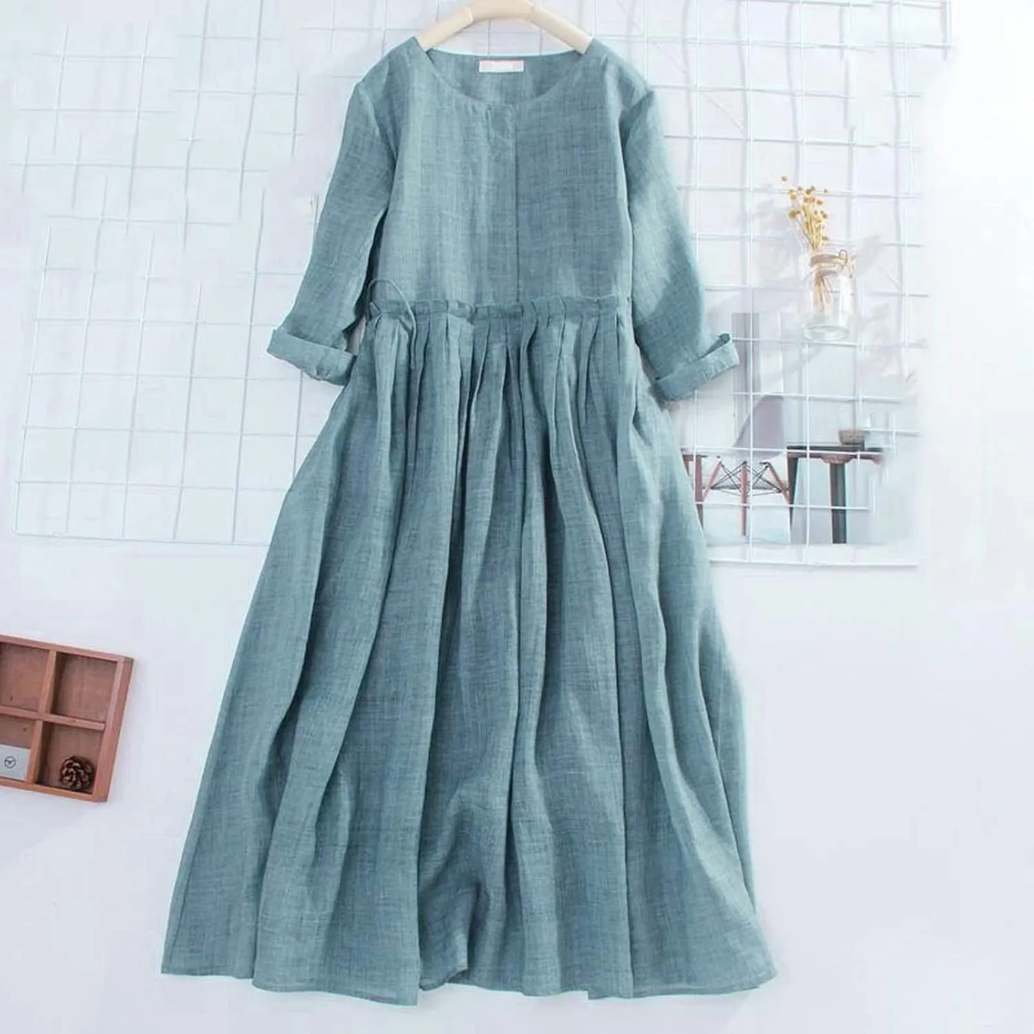 Aniywn Women's Boho Linen Dresses 3/4 Sleeve Vintage Pleated Maxi Sundress with Belt Lace Up Waist Beach Dress for Summer