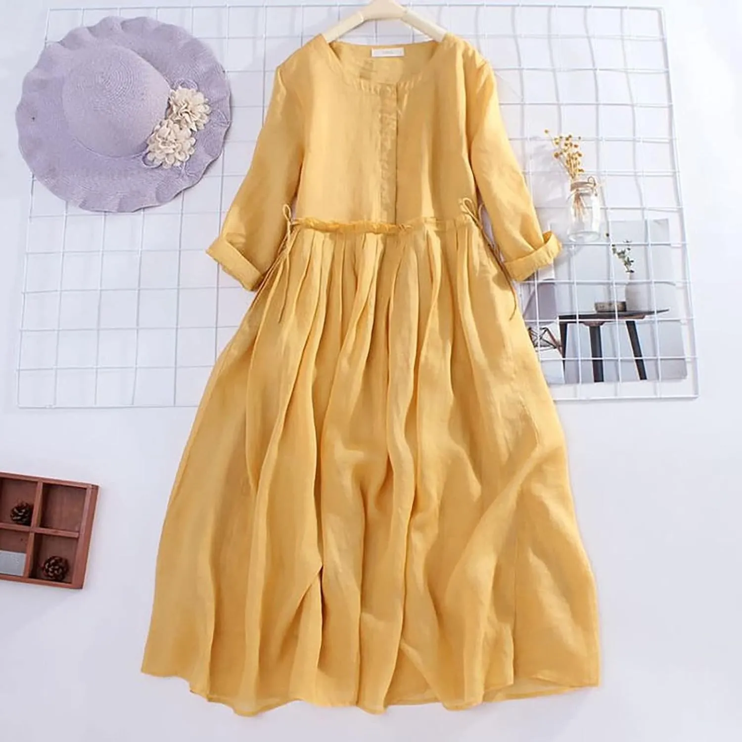Aniywn Women's Boho Linen Dresses 3/4 Sleeve Vintage Pleated Maxi Sundress with Belt Lace Up Waist Beach Dress for Summer