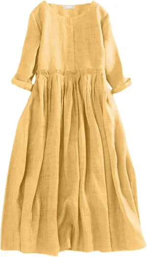 Aniywn Women's Boho Linen Dresses 3/4 Sleeve Vintage Pleated Maxi Sundress with Belt Lace Up Waist Beach Dress for Summer