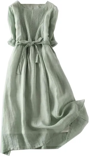 Aniywn Women's Boho Linen Dresses 3/4 Sleeve Vintage Pleated Maxi Sundress with Belt Lace Up Waist Beach Dress for Summer