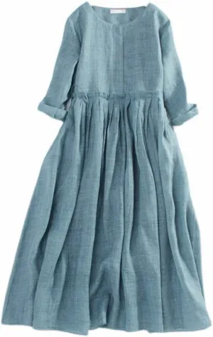 Aniywn Women's Boho Linen Dresses 3/4 Sleeve Vintage Pleated Maxi Sundress with Belt Lace Up Waist Beach Dress for Summer