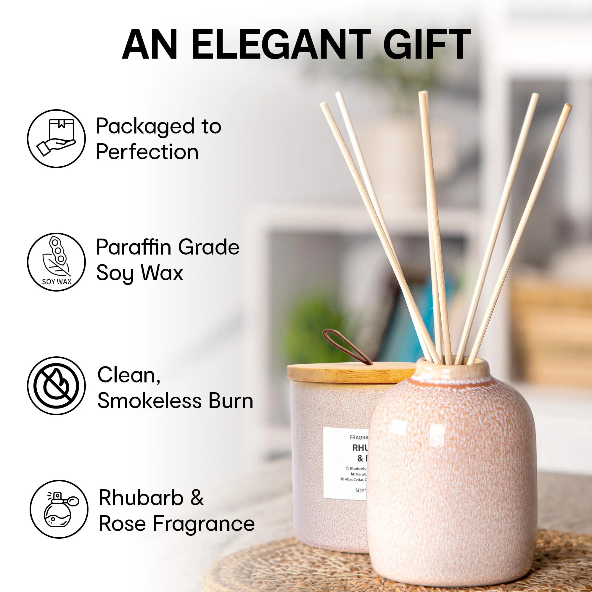 Anko Reactive Pink Fragrant Candle & Reactive Pink Reed Diffuser Set | Rhubarb and Rose Scent | Double Wick, Ceramic Vessel | Home Decor, Relaxation, Indoor Use Only | 11.8cm (H) x 11.3cm (Dia.)