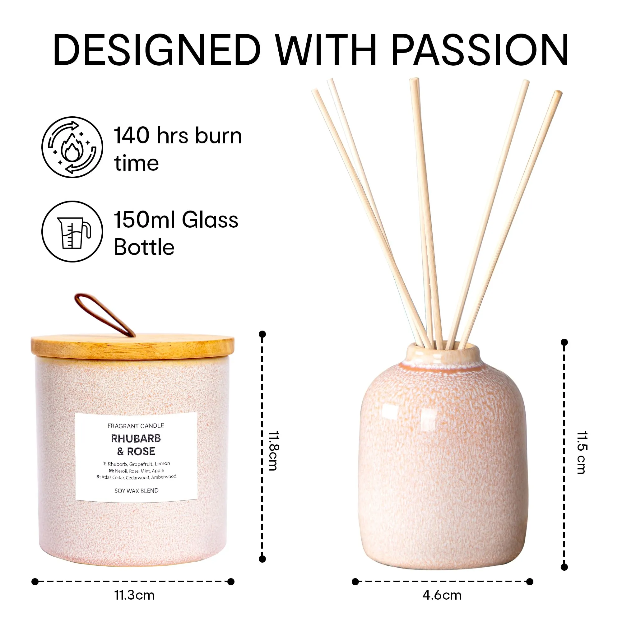 Anko Reactive Pink Fragrant Candle & Reactive Pink Reed Diffuser Set | Rhubarb and Rose Scent | Double Wick, Ceramic Vessel | Home Decor, Relaxation, Indoor Use Only | 11.8cm (H) x 11.3cm (Dia.)