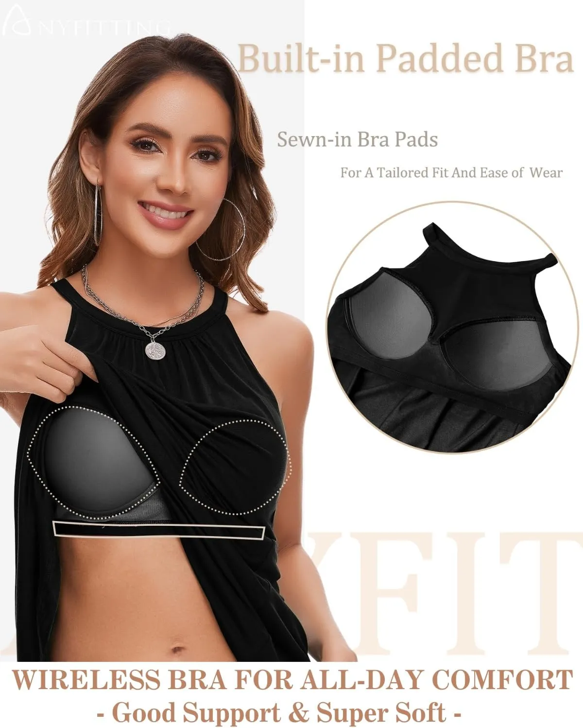 ANYFITTING Summer Dress with Built in Bra Casual Beach Sundress Flowy Halter Mini Short Dresses for Women 2025