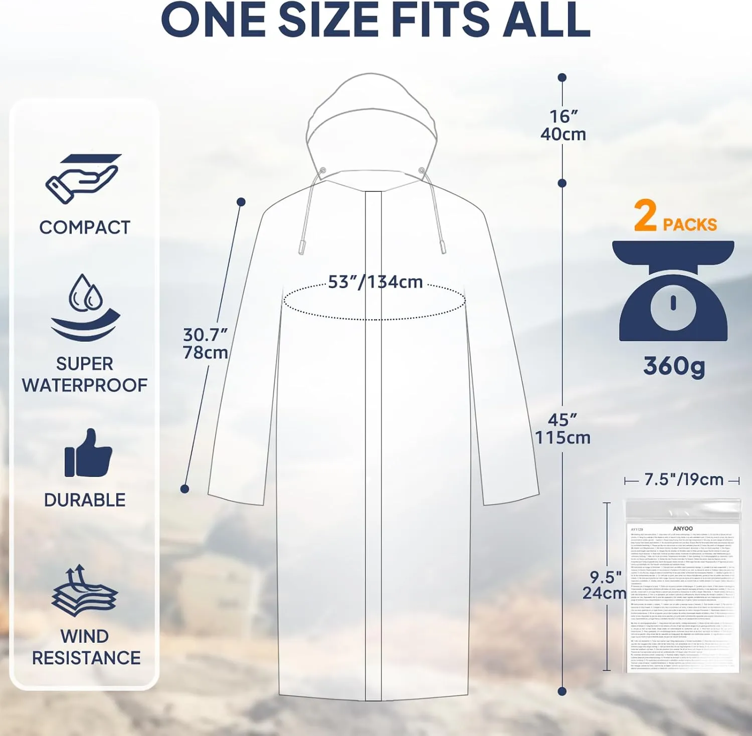ANYOO Rain Ponchos for Adults Lightweight Reusable Raincoats for Men Women Emergency Rain Jacket with Hood 2 Pack