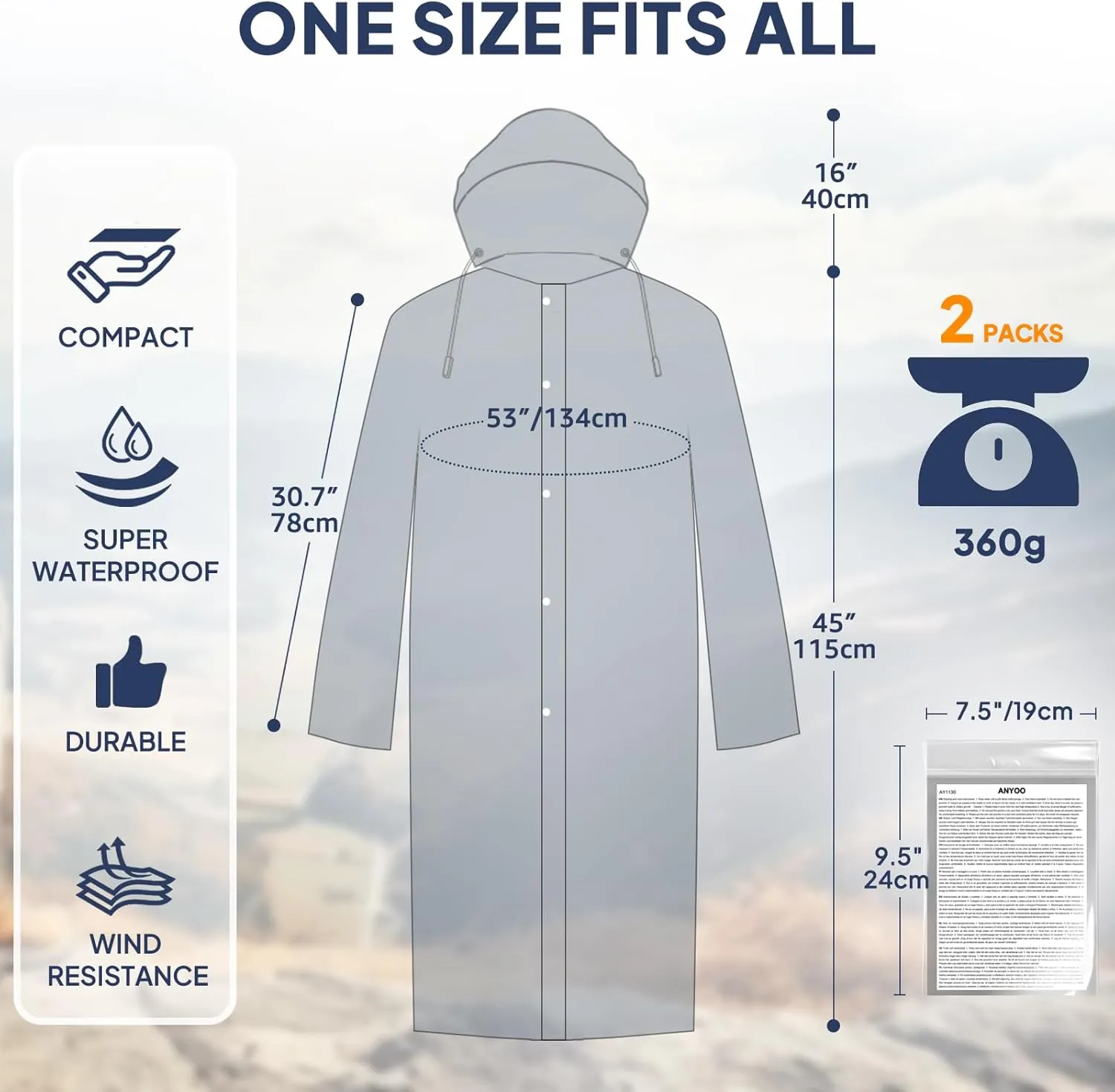 ANYOO Rain Ponchos for Adults Lightweight Reusable Raincoats for Men Women Emergency Rain Jacket with Hood 2 Pack