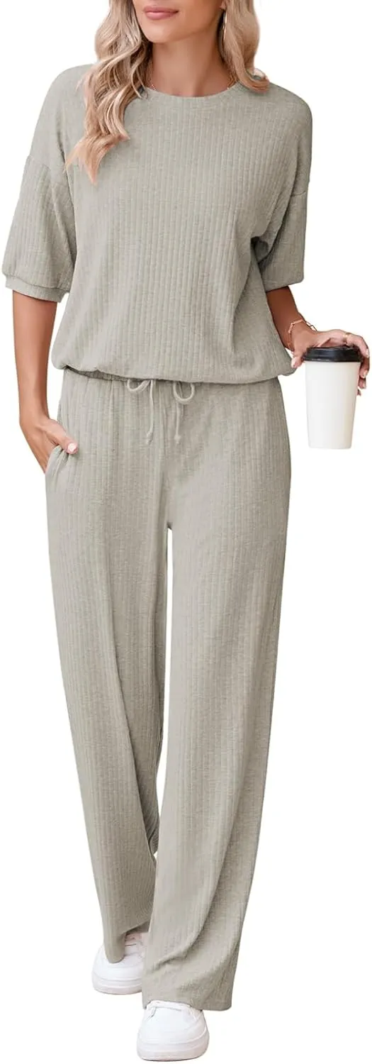 AOHITE Womens 2 Piece Outfits Lounge Sets Short Sleeve Pullover Tops Elastic Wide Leg Pants Set Sweatsuits Tracksuit