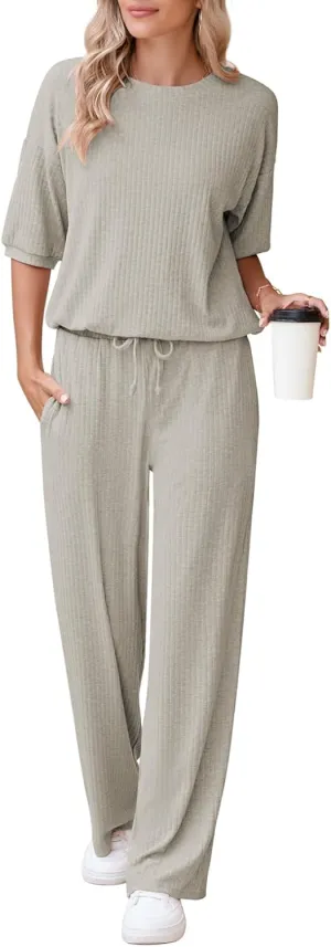 AOHITE Womens 2 Piece Outfits Lounge Sets Short Sleeve Pullover Tops Elastic Wide Leg Pants Set Sweatsuits Tracksuit