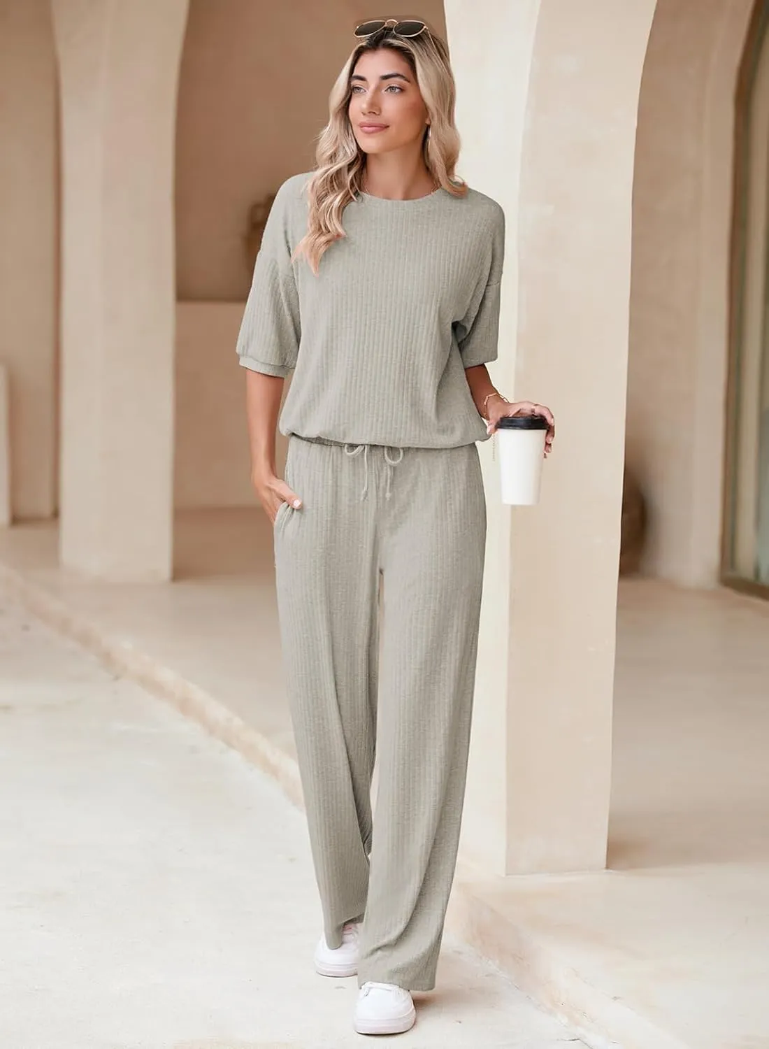 AOHITE Womens 2 Piece Outfits Lounge Sets Short Sleeve Pullover Tops Elastic Wide Leg Pants Set Sweatsuits Tracksuit