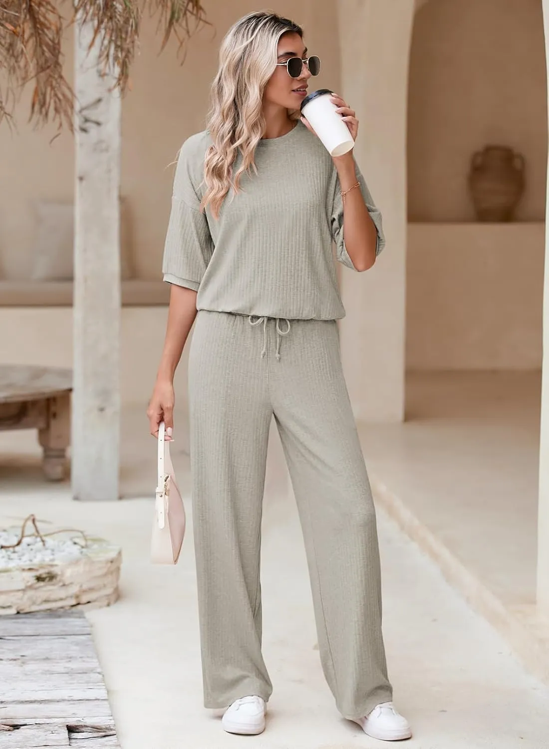 AOHITE Womens 2 Piece Outfits Lounge Sets Short Sleeve Pullover Tops Elastic Wide Leg Pants Set Sweatsuits Tracksuit