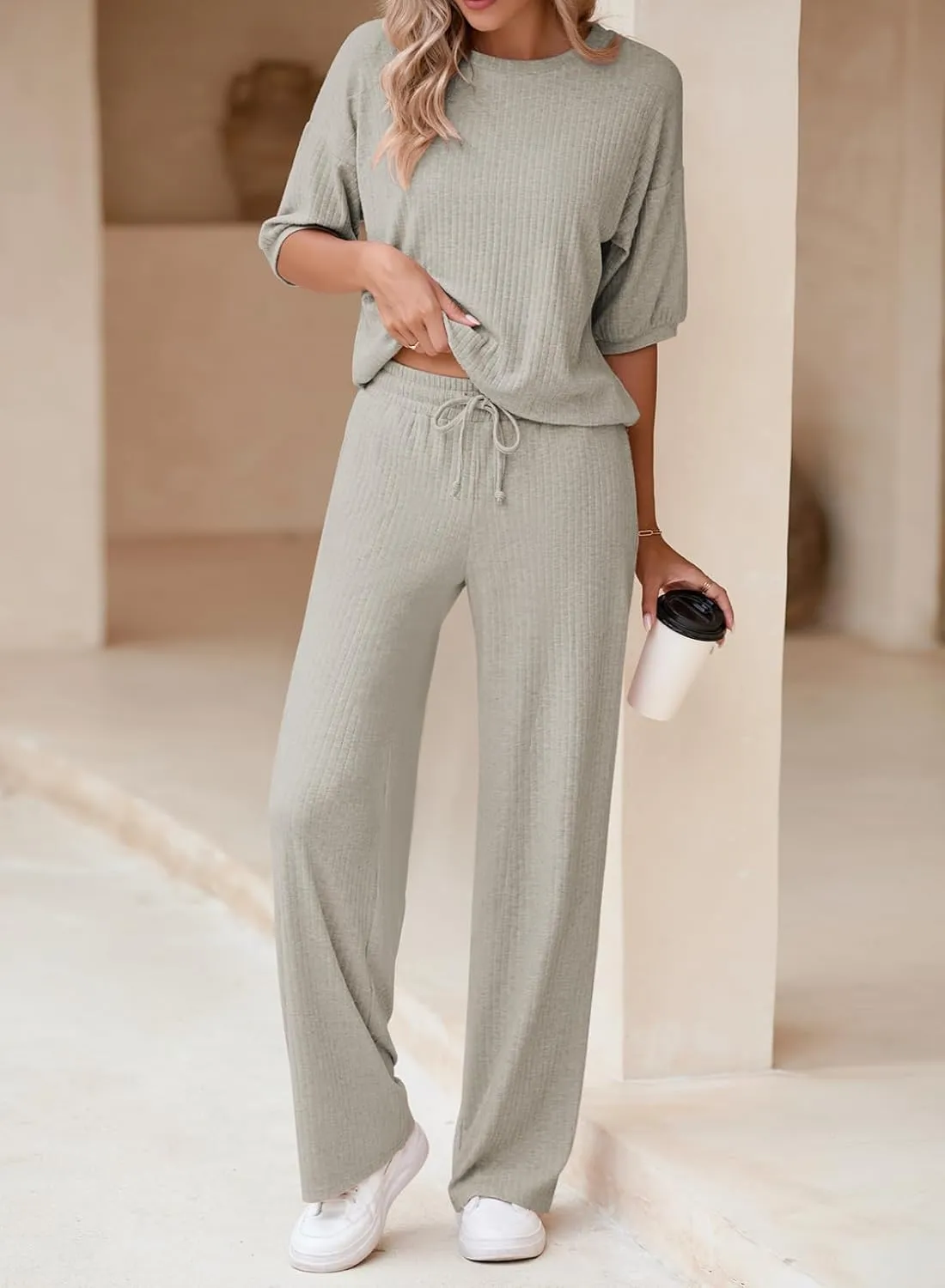 AOHITE Womens 2 Piece Outfits Lounge Sets Short Sleeve Pullover Tops Elastic Wide Leg Pants Set Sweatsuits Tracksuit