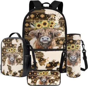 Aztec Cattle Sunflower Pattern 4Pcs Children Schoolbag Set Large Capacity Backpack with Lunch Box Pencil Pouch and Water Bottle Holder Bag for Teens Boys Girls Bookbag Set