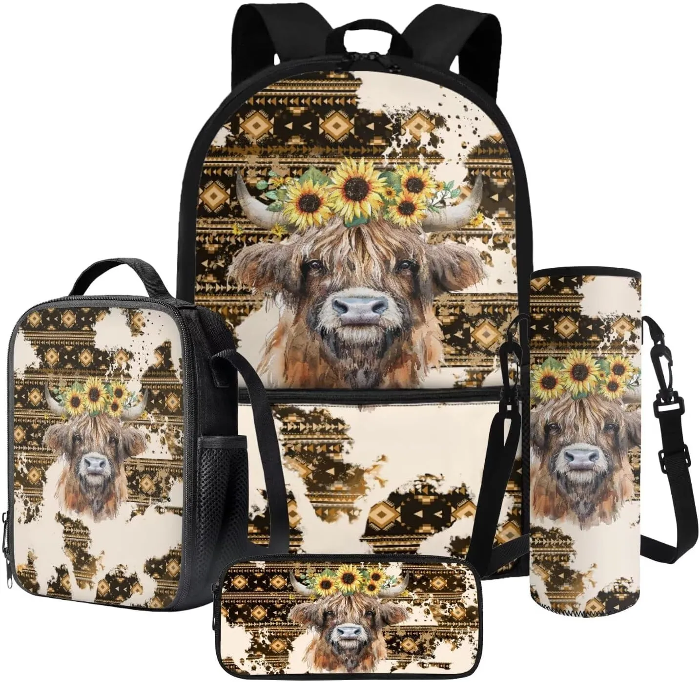 Aztec Cattle Sunflower Pattern 4Pcs Children Schoolbag Set Large Capacity Backpack with Lunch Box Pencil Pouch and Water Bottle Holder Bag for Teens Boys Girls Bookbag Set